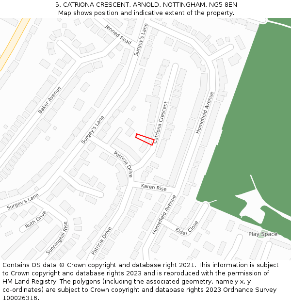 5, CATRIONA CRESCENT, ARNOLD, NOTTINGHAM, NG5 8EN: Location map and indicative extent of plot