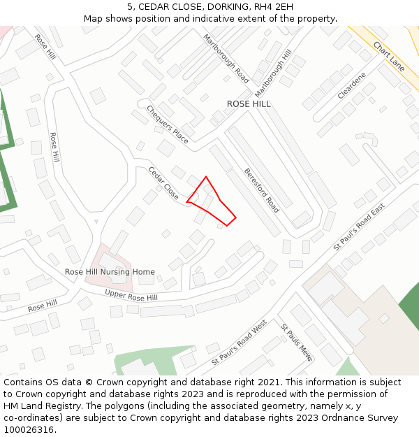 5, CEDAR CLOSE, DORKING, RH4 2EH: Location map and indicative extent of plot