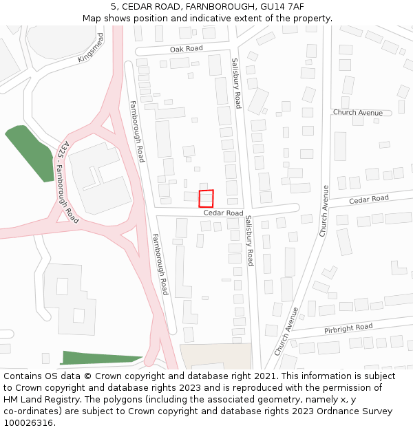 5, CEDAR ROAD, FARNBOROUGH, GU14 7AF: Location map and indicative extent of plot