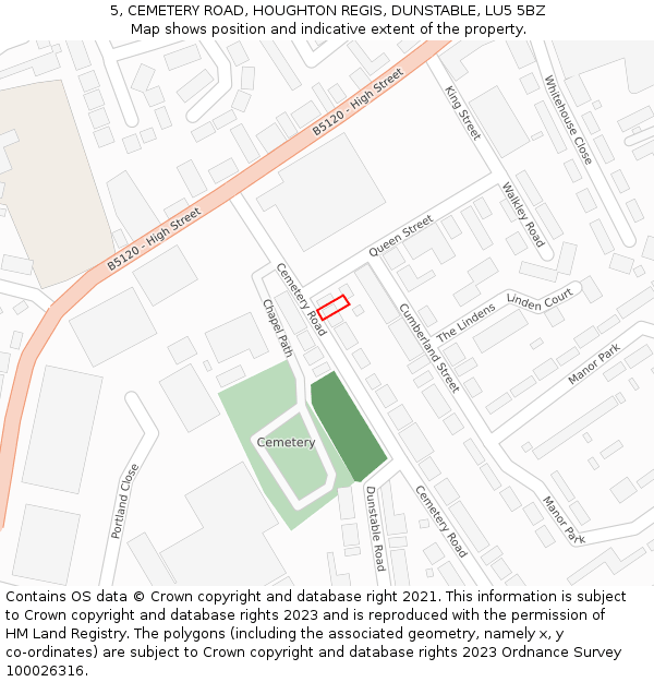 5, CEMETERY ROAD, HOUGHTON REGIS, DUNSTABLE, LU5 5BZ: Location map and indicative extent of plot