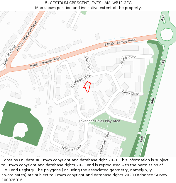 5, CESTRUM CRESCENT, EVESHAM, WR11 3EG: Location map and indicative extent of plot