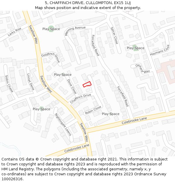 5, CHAFFINCH DRIVE, CULLOMPTON, EX15 1UJ: Location map and indicative extent of plot