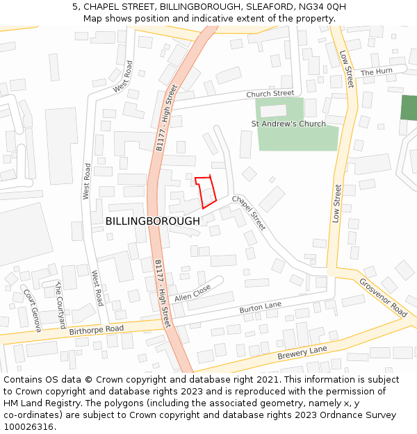 5, CHAPEL STREET, BILLINGBOROUGH, SLEAFORD, NG34 0QH: Location map and indicative extent of plot