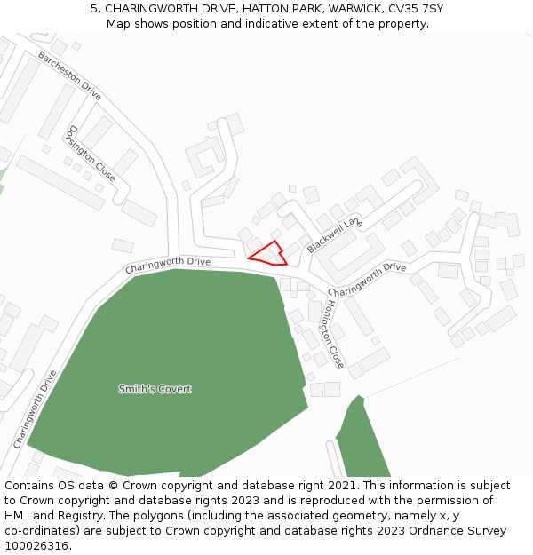 5, CHARINGWORTH DRIVE, HATTON PARK, WARWICK, CV35 7SY: Location map and indicative extent of plot