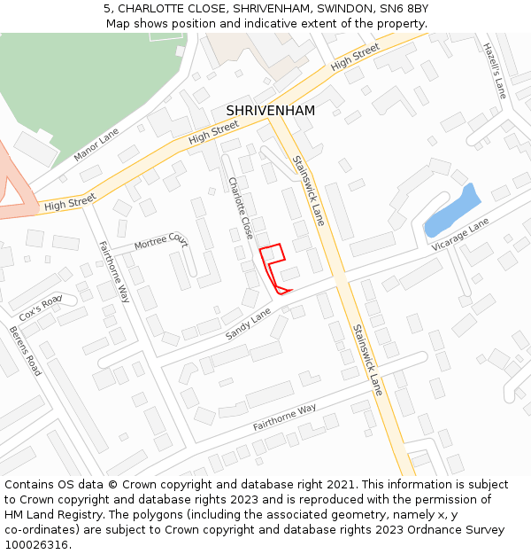 5, CHARLOTTE CLOSE, SHRIVENHAM, SWINDON, SN6 8BY: Location map and indicative extent of plot