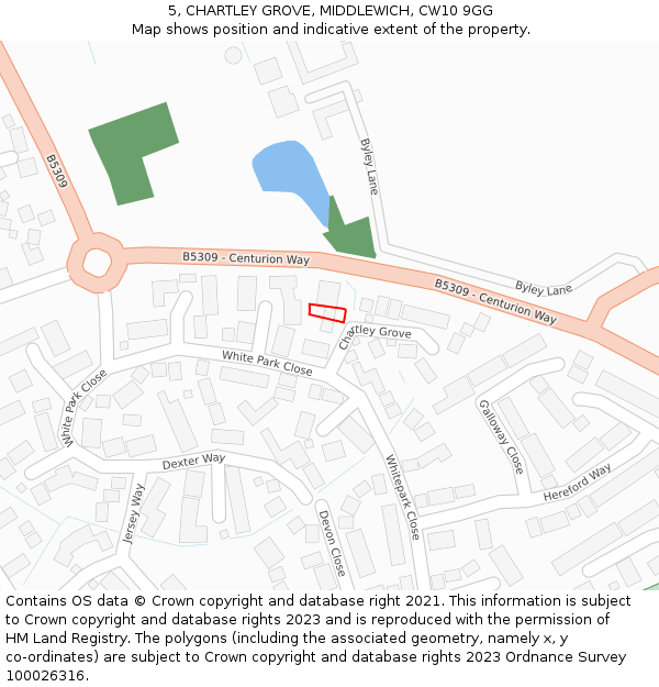 5, CHARTLEY GROVE, MIDDLEWICH, CW10 9GG: Location map and indicative extent of plot