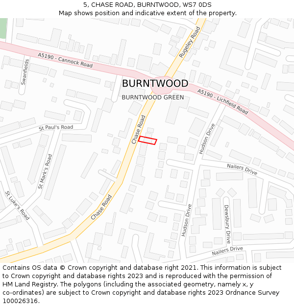 5, CHASE ROAD, BURNTWOOD, WS7 0DS: Location map and indicative extent of plot