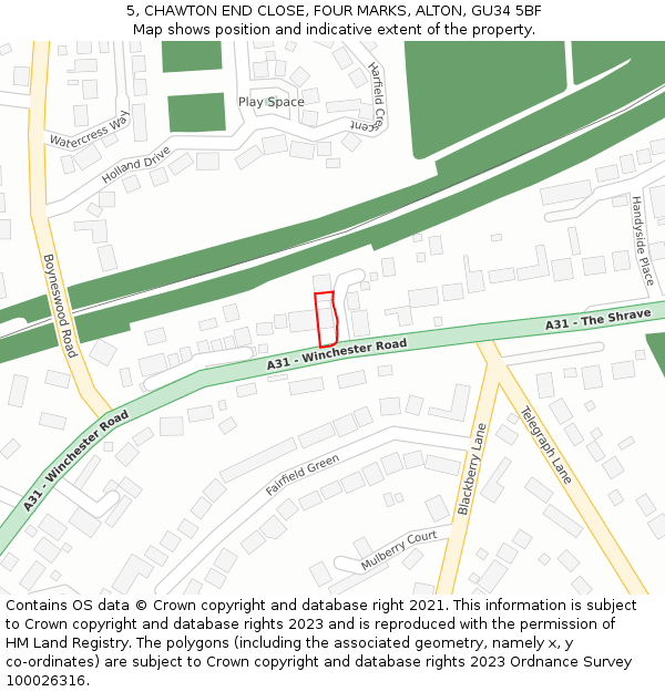 5, CHAWTON END CLOSE, FOUR MARKS, ALTON, GU34 5BF: Location map and indicative extent of plot