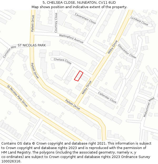 5, CHELSEA CLOSE, NUNEATON, CV11 6UD: Location map and indicative extent of plot