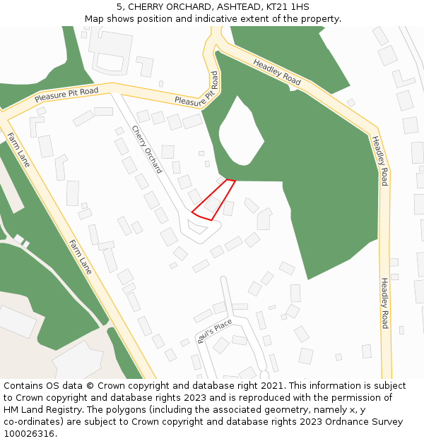 5, CHERRY ORCHARD, ASHTEAD, KT21 1HS: Location map and indicative extent of plot