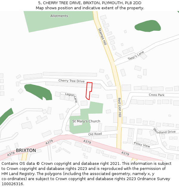 5, CHERRY TREE DRIVE, BRIXTON, PLYMOUTH, PL8 2DD: Location map and indicative extent of plot