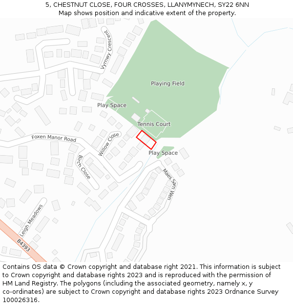 5, CHESTNUT CLOSE, FOUR CROSSES, LLANYMYNECH, SY22 6NN: Location map and indicative extent of plot