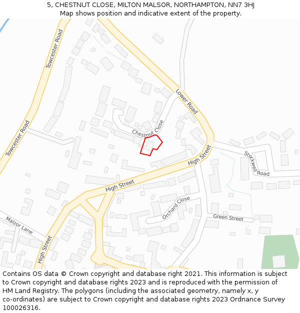 5, CHESTNUT CLOSE, MILTON MALSOR, NORTHAMPTON, NN7 3HJ: Location map and indicative extent of plot