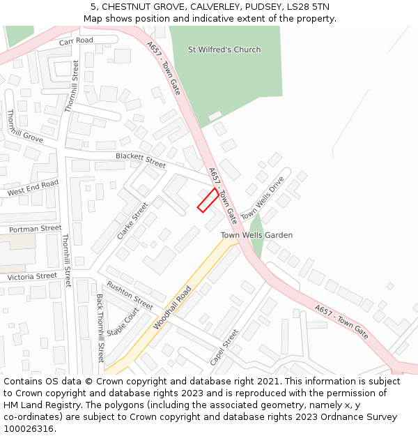 5, CHESTNUT GROVE, CALVERLEY, PUDSEY, LS28 5TN: Location map and indicative extent of plot