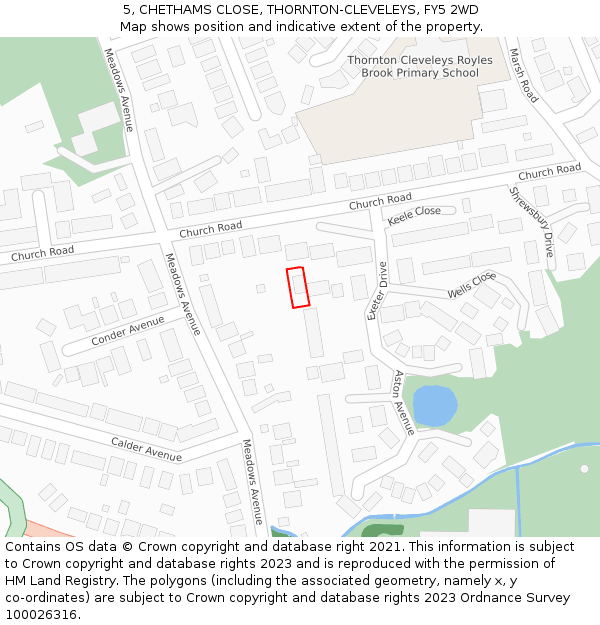 5, CHETHAMS CLOSE, THORNTON-CLEVELEYS, FY5 2WD: Location map and indicative extent of plot