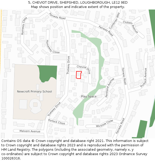 5, CHEVIOT DRIVE, SHEPSHED, LOUGHBOROUGH, LE12 9ED: Location map and indicative extent of plot