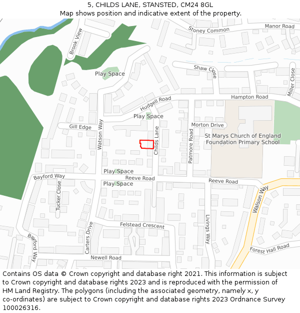 5, CHILDS LANE, STANSTED, CM24 8GL: Location map and indicative extent of plot