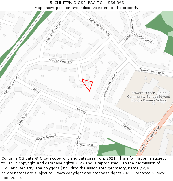 5, CHILTERN CLOSE, RAYLEIGH, SS6 8AS: Location map and indicative extent of plot