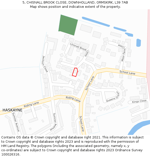 5, CHISNALL BROOK CLOSE, DOWNHOLLAND, ORMSKIRK, L39 7AB: Location map and indicative extent of plot