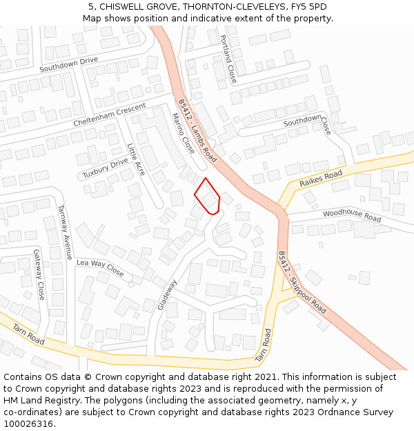 5, CHISWELL GROVE, THORNTON-CLEVELEYS, FY5 5PD: Location map and indicative extent of plot