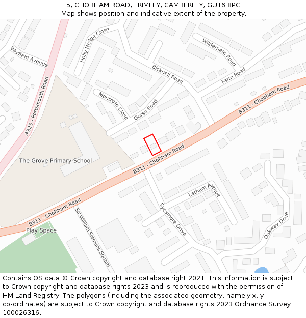 5, CHOBHAM ROAD, FRIMLEY, CAMBERLEY, GU16 8PG: Location map and indicative extent of plot