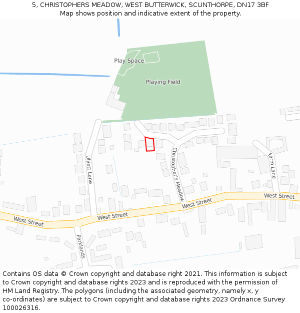 5, CHRISTOPHERS MEADOW, WEST BUTTERWICK, SCUNTHORPE, DN17 3BF: Location map and indicative extent of plot