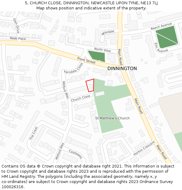 5, CHURCH CLOSE, DINNINGTON, NEWCASTLE UPON TYNE, NE13 7LJ: Location map and indicative extent of plot