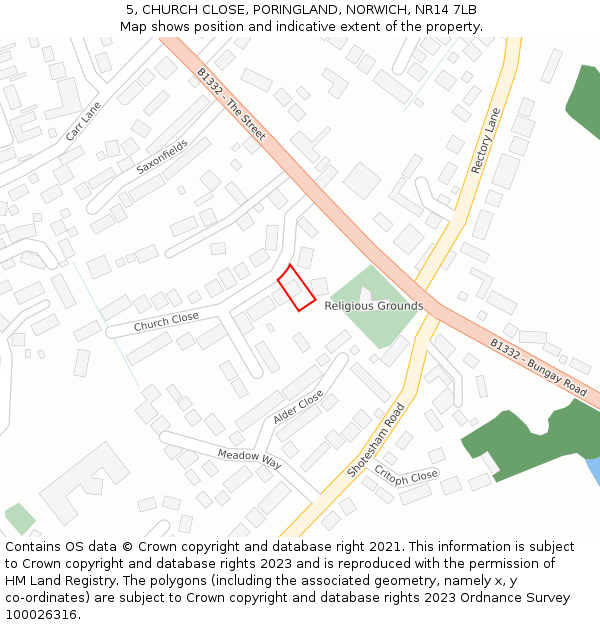 5, CHURCH CLOSE, PORINGLAND, NORWICH, NR14 7LB: Location map and indicative extent of plot