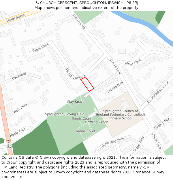 5, CHURCH CRESCENT, SPROUGHTON, IPSWICH, IP8 3BJ: Location map and indicative extent of plot