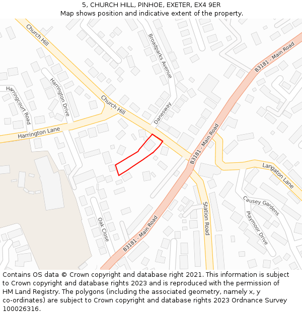 5, CHURCH HILL, PINHOE, EXETER, EX4 9ER: Location map and indicative extent of plot
