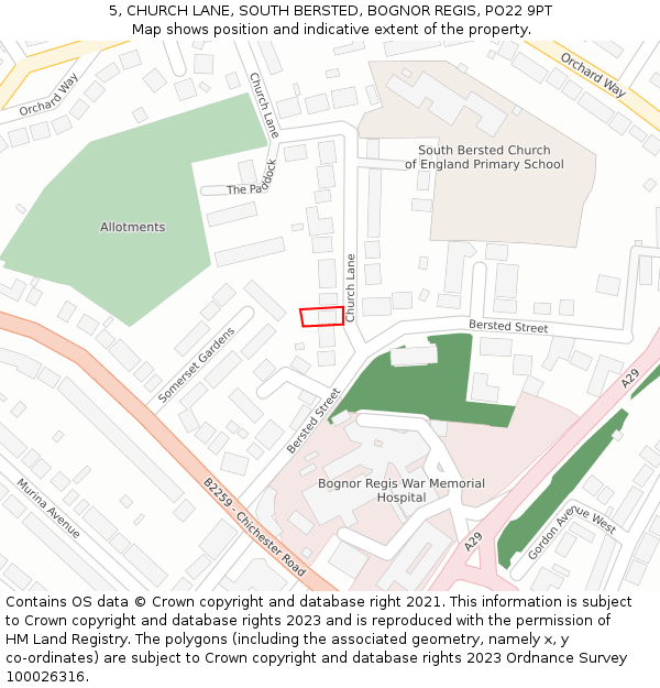 5, CHURCH LANE, SOUTH BERSTED, BOGNOR REGIS, PO22 9PT: Location map and indicative extent of plot