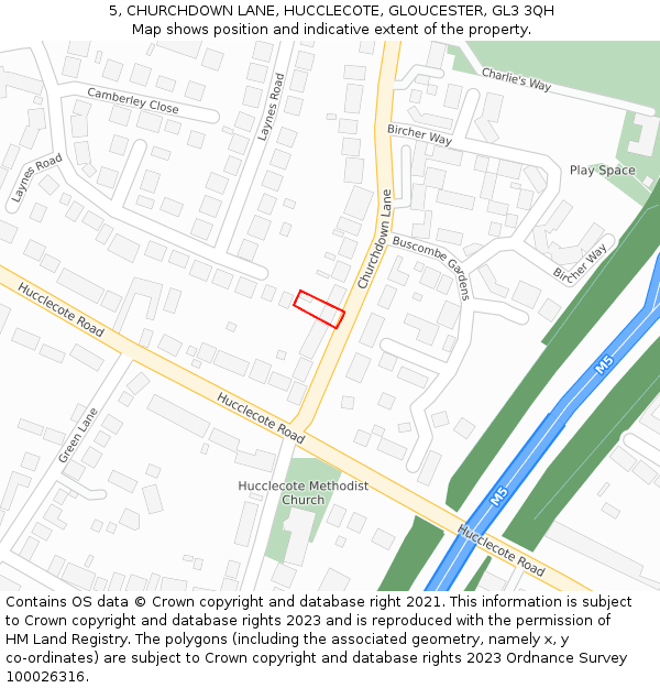 5, CHURCHDOWN LANE, HUCCLECOTE, GLOUCESTER, GL3 3QH: Location map and indicative extent of plot