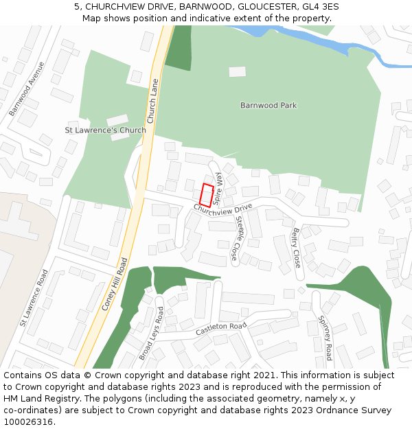 5, CHURCHVIEW DRIVE, BARNWOOD, GLOUCESTER, GL4 3ES: Location map and indicative extent of plot