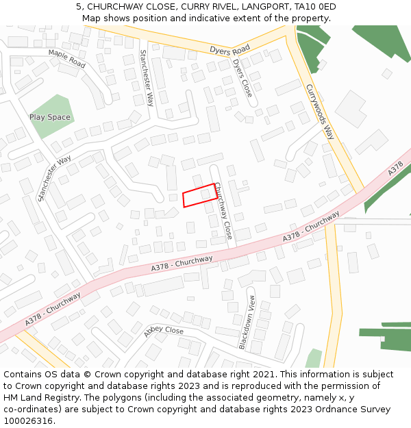 5, CHURCHWAY CLOSE, CURRY RIVEL, LANGPORT, TA10 0ED: Location map and indicative extent of plot