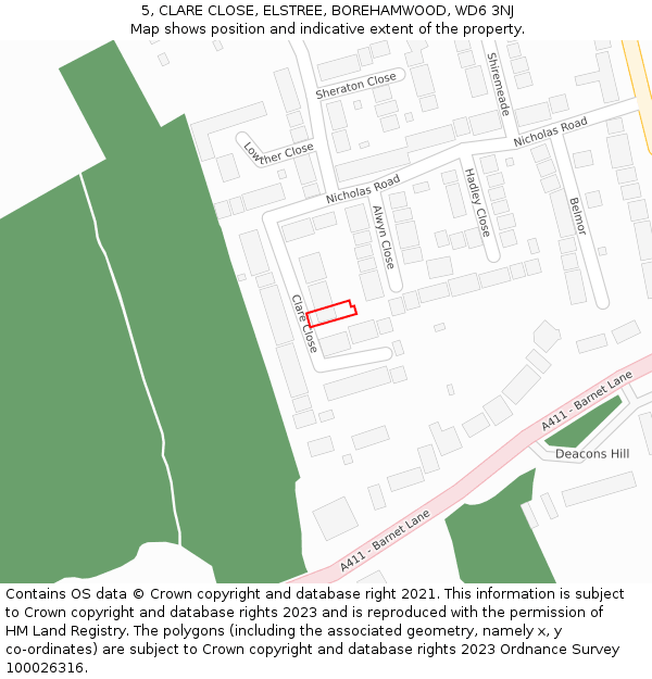 5, CLARE CLOSE, ELSTREE, BOREHAMWOOD, WD6 3NJ: Location map and indicative extent of plot