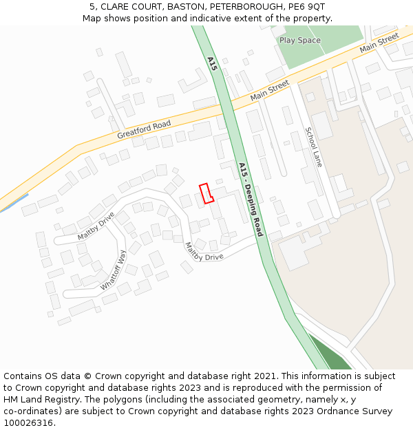 5, CLARE COURT, BASTON, PETERBOROUGH, PE6 9QT: Location map and indicative extent of plot
