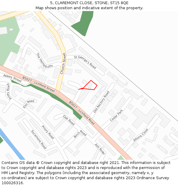 5, CLAREMONT CLOSE, STONE, ST15 8QE: Location map and indicative extent of plot
