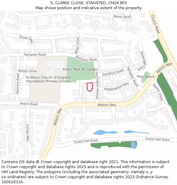 5, CLARKE CLOSE, STANSTED, CM24 8FX: Location map and indicative extent of plot