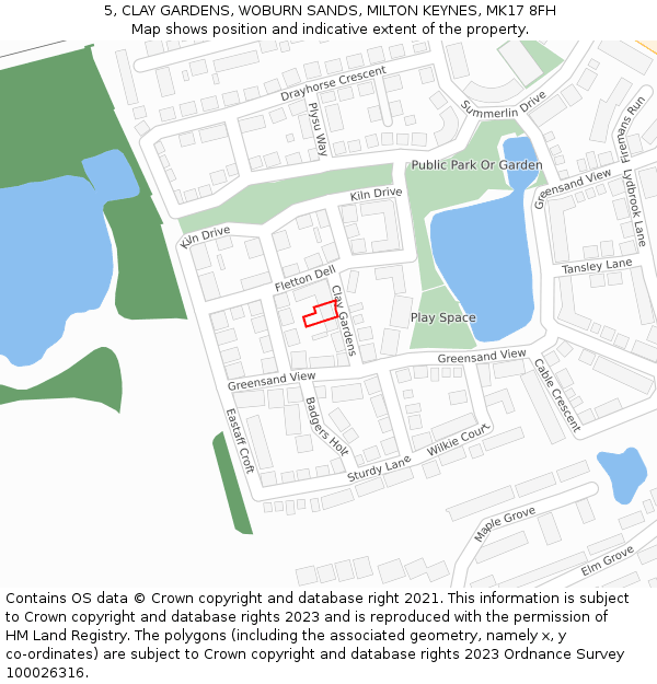 5, CLAY GARDENS, WOBURN SANDS, MILTON KEYNES, MK17 8FH: Location map and indicative extent of plot