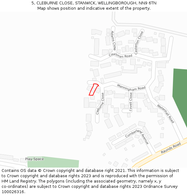 5, CLEBURNE CLOSE, STANWICK, WELLINGBOROUGH, NN9 6TN: Location map and indicative extent of plot