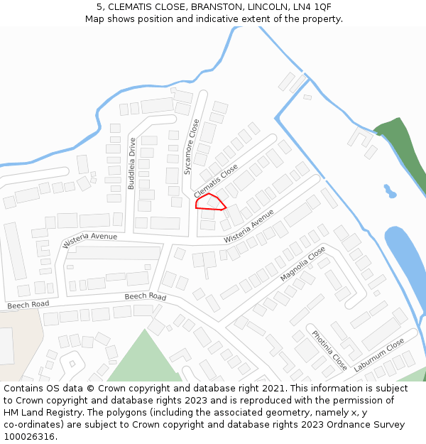 5, CLEMATIS CLOSE, BRANSTON, LINCOLN, LN4 1QF: Location map and indicative extent of plot