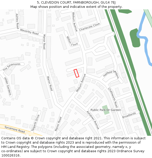 5, CLEVEDON COURT, FARNBOROUGH, GU14 7EJ: Location map and indicative extent of plot