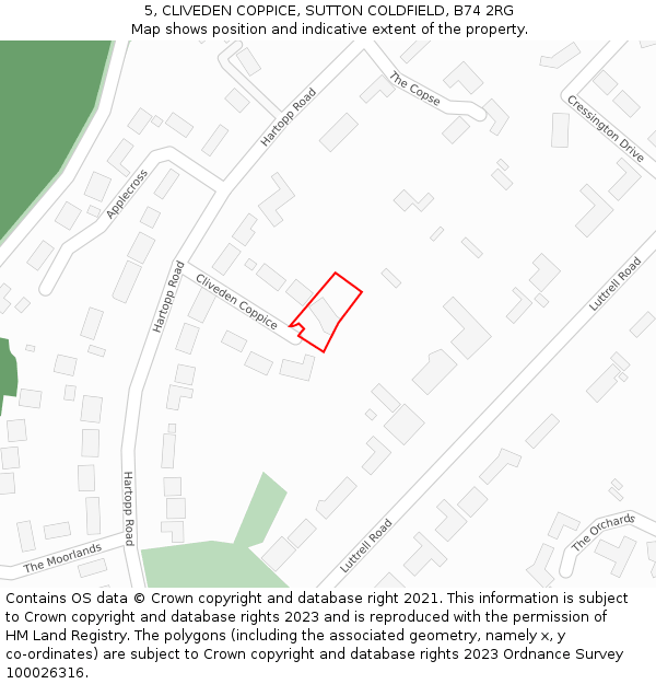 5, CLIVEDEN COPPICE, SUTTON COLDFIELD, B74 2RG: Location map and indicative extent of plot