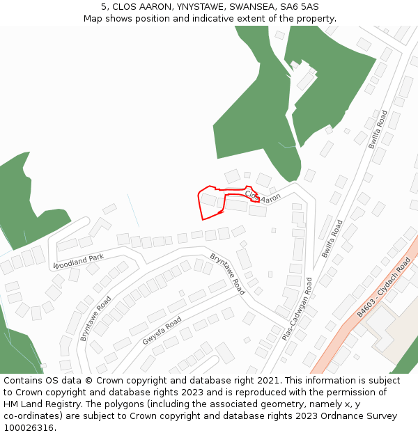 5, CLOS AARON, YNYSTAWE, SWANSEA, SA6 5AS: Location map and indicative extent of plot