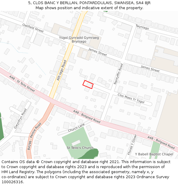 5, CLOS BANC Y BERLLAN, PONTARDDULAIS, SWANSEA, SA4 8JR: Location map and indicative extent of plot