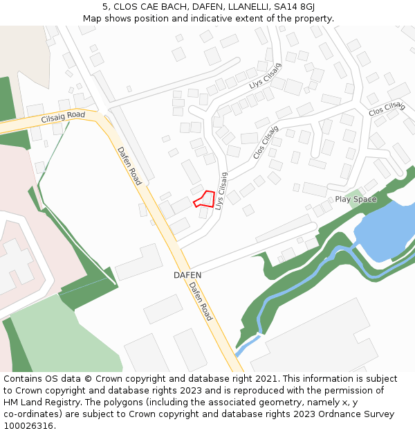 5, CLOS CAE BACH, DAFEN, LLANELLI, SA14 8GJ: Location map and indicative extent of plot