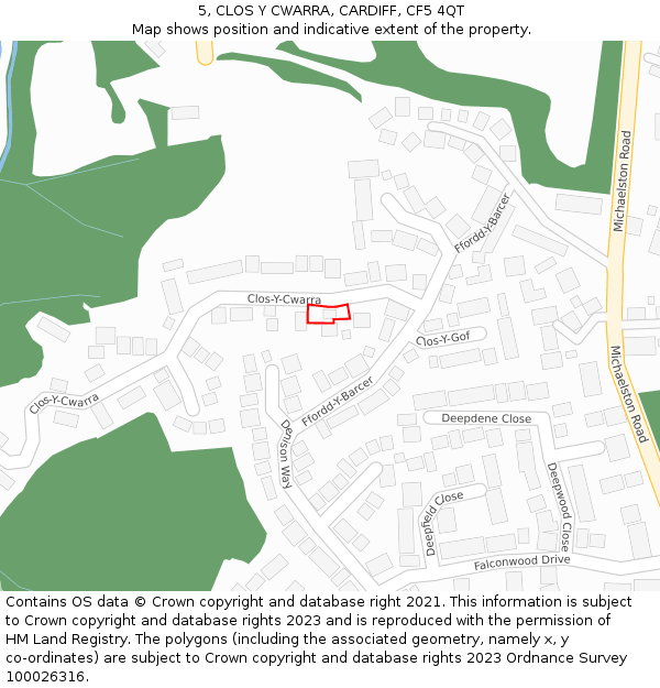 5, CLOS Y CWARRA, CARDIFF, CF5 4QT: Location map and indicative extent of plot
