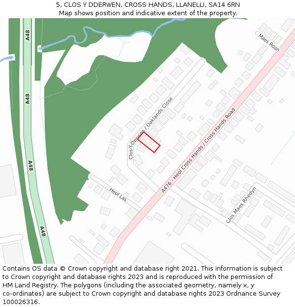 5, CLOS Y DDERWEN, CROSS HANDS, LLANELLI, SA14 6RN: Location map and indicative extent of plot