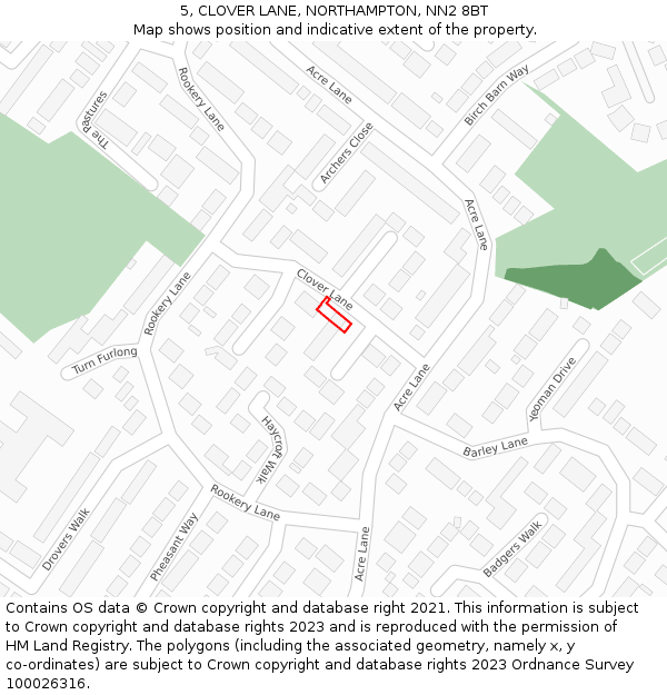 5, CLOVER LANE, NORTHAMPTON, NN2 8BT: Location map and indicative extent of plot