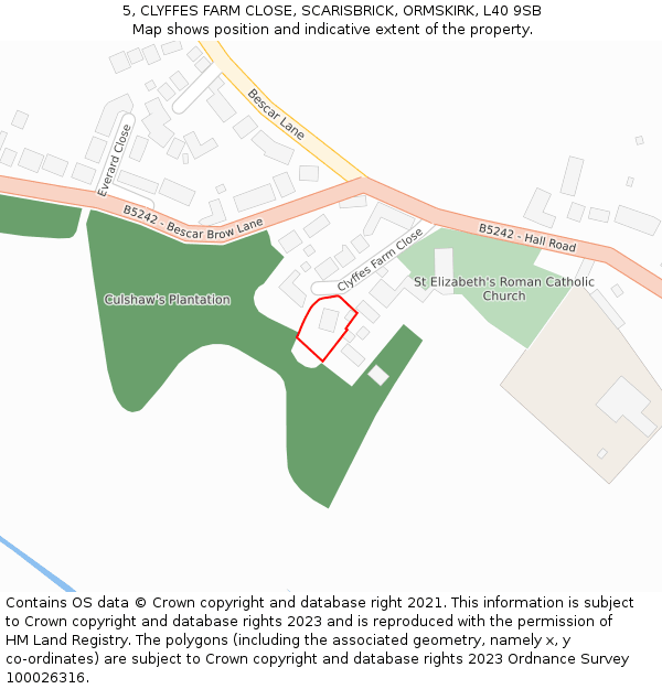 5, CLYFFES FARM CLOSE, SCARISBRICK, ORMSKIRK, L40 9SB: Location map and indicative extent of plot